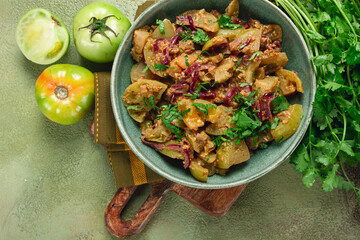 fried green tomatoes, with onions and spices, green tomato appetizer, Georgian cuisine, homemade, no people,