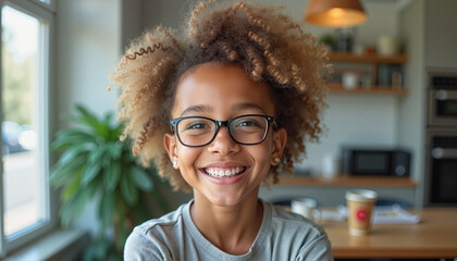 Smiling young girl with curly hair and glasses in cozy indoor setting