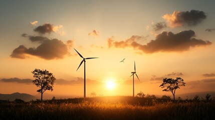 Obraz premium Solar panels and wind turbines on a hillside, symbolizing solutions to reducing environmental impact from energy consumption