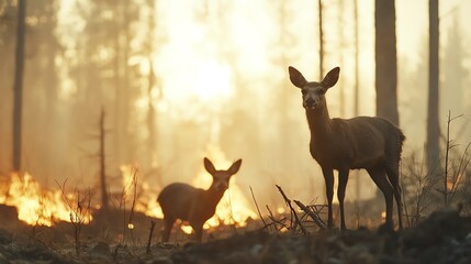 Wildlife fleeing from a burning forest, visualizing the catastrophic environmental impact of wildfires