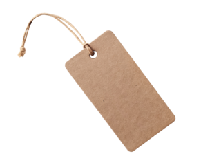 Angled brown paper tag with a twine knot, ideal for labeling, pricing, or as a decorative accessory. Features a recycled, rustic look. Isolated on transparent background, png.