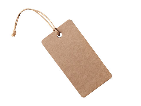 Angled brown paper tag with a twine knot, ideal for labeling, pricing, or as a decorative accessory. Features a recycled, rustic look. Isolated on transparent background, png.