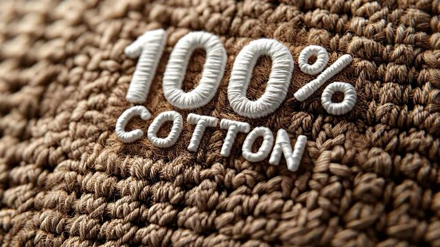 A brown knitted background embroidered with 100% COTTON in white knitting font.