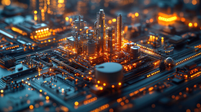 futuristic industrial complex illuminated at night, showcasing advanced fuel refining technology with renewable energy integration. scene is vibrant and dynamic