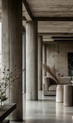 Concrete columns, grey couch, modern interior.
