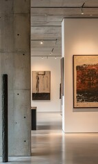 Modern gallery with abstract paintings and concrete walls.