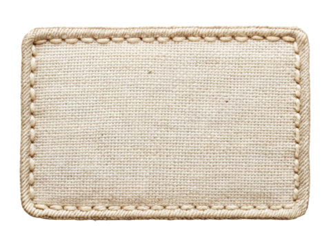 Rectangular fabric label featuring a stitched border, suitable for branding or garment labeling. It offers a minimalist, eco-friendly look. Isolated on transparent background, png.