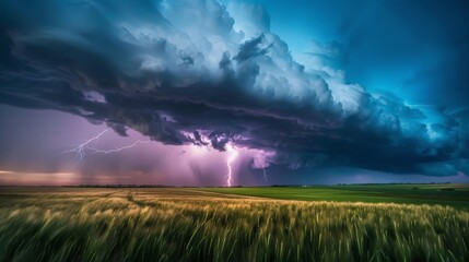 Obraz premium Dramatic storm clouds rolling in over a vast field, lightning striking in the distance