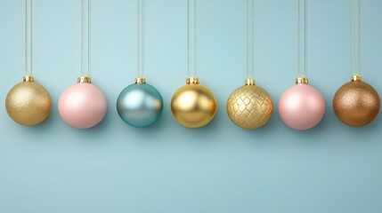 Colorful Christmas Baubles Hanging on a Blue Background