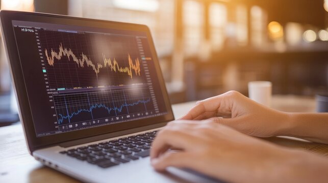 Close-up of a person's hands typing on a laptop with a stock market graph displayed on the screen.