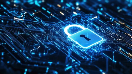 Abstract cyber security visual with padlock icon and blue background