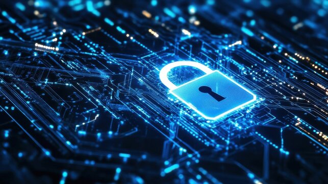 Abstract cyber security visual with padlock icon and blue background