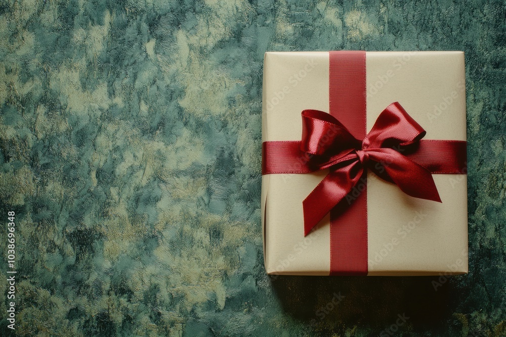 Poster a large gift box featuring neutral wrapping paper and a vibrant red ribbon sits on a textured blue s