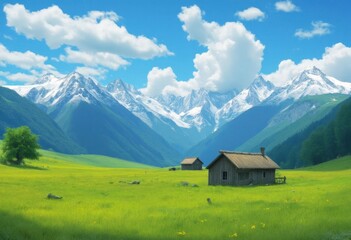 Mountain Meadow with Wooden Cabins .