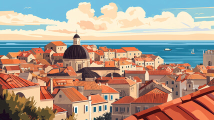 Obraz premium simple flat 2D illustration, vector illustration, simple colors, view on Dubrovnik, city in Croatia. Famous touristic must-see spot in Croatia, europe.
