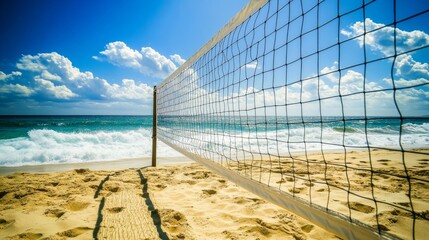 A vibrant game of beach volleyball on sun-drenched sands, Volleyball net set against a backdrop of crashing waves, Coastal sport style