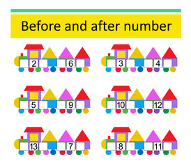 Fototapeta premium Math worksheets for kids. Number range up to 15. Vector illustration of cartoon train.