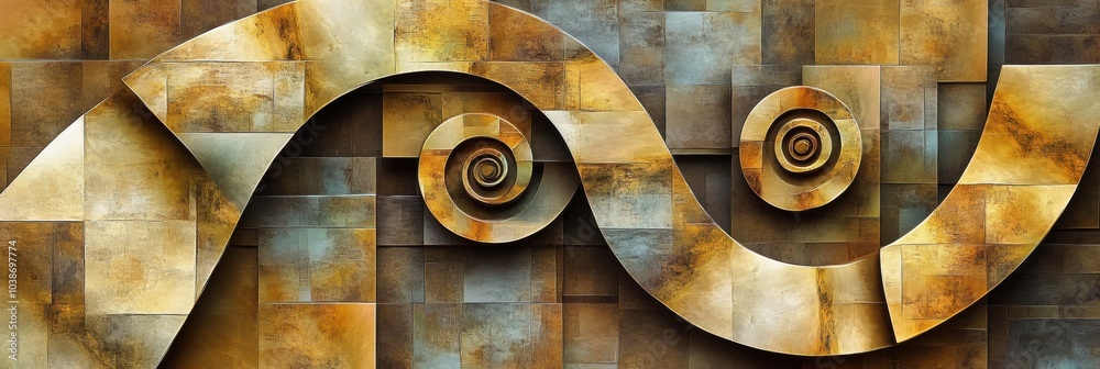 Poster an abstract pattern features a golden spiral intricately interlaced with squares and rectangles, sho