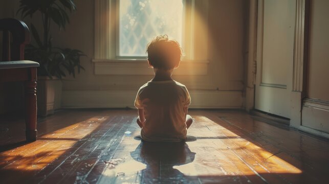 A neglected child sitting alone on the floor in a dimly lit room, portraying child abuse and emotional isolation