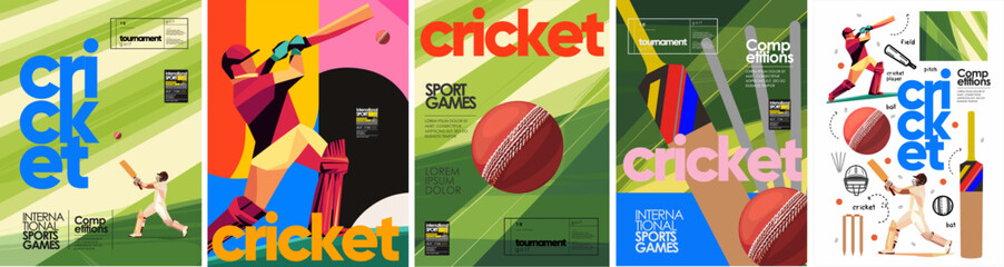 Cricket. Sport game. Vector illustration of player man batting, sportsman, field, ball, bat, icon for poster, invitation, background, flyer or cover © Ardea-studio