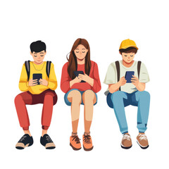 Obraz premium A group of teenagers using their smartphones, social media engagement, vector art, minimalist design, isolated on white background