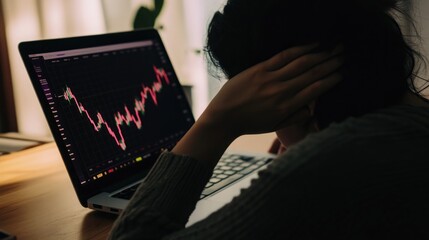 A woman sits in front of a laptop screen displaying a stock market graph, her hands over her ears, showing her stress and worry.