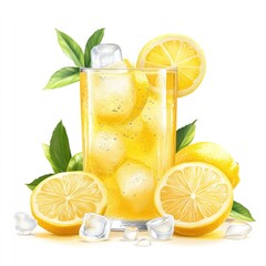 A refreshing glass of lemonade with ice and lemon slices, ideal for summer enjoyment.