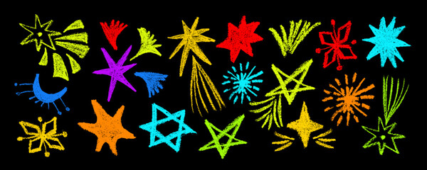 Set  colorful stars and meteorite doodle style drawn by hand. Grunge scrawls, charcoal scribbles, rough brush strokes, underline. Bold charcoal freehand stars. Crayon or marker scribbles