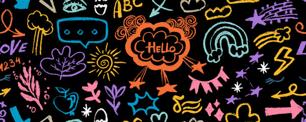 Seamless pattern of hand drawn colorful charcoal doodle shapes and squiggles in childish girly style. Pencil drawings isolated on white. Eye, stars, arrows, rainbow and cloud doodle collage elements.