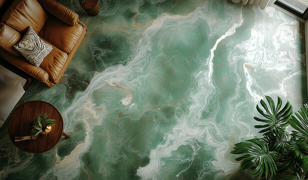 AI generator image of top-down view of a large epoxy living room floor. epoxy, marble pattern Greenstone Appearance Too realistic The appearance and color of greenstone is simple, dark green, light 