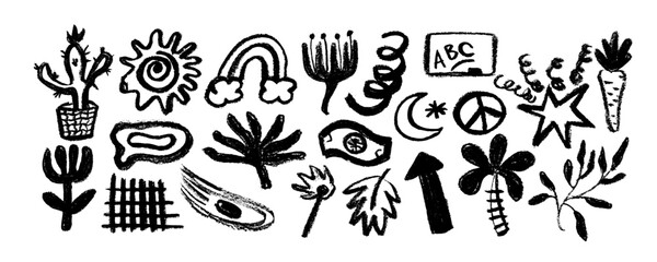 Charcoal graffiti doodle punk shapes collection. Crayon drawn lightnings, star, moon, grid, cactus, leaf,  arrow and squiggles. Hand drawn abstract  scribbles and squiggles, punk icons and doodle
