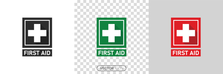 Obraz premium First aid icon Set. Green and Red FIRST AID sign with text and cross symbol. Simple set of first aid icons in linear style on a white and transparent background. vector illustration