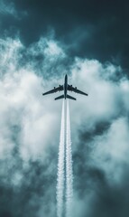 Airplane flying through cloudy sky leaving contrails.