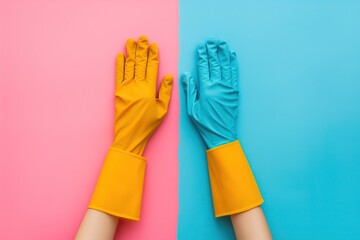 Cropped view of female hands in rubber gloves on blue and pink background