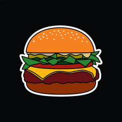 Burger with cutlet, tomatoes and herbs. Original vector illustration in vintage style. T-shirt design.