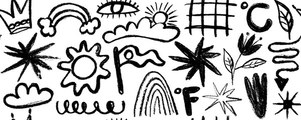 Vector seamless pattern stars, meteorite and figure doodle style drawn by hand. Grunge scrawls, charcoal scribbles, rough brush strokes. Bold charcoal freehand stars. Crayon or marker scribbles