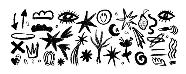 Set stars, meteorite, crown, moon and figure doodle style drawn by hand. Grunge scrawls, charcoal scribbles, rough brush strokes. Bold charcoal freehand stars. 