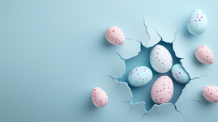 Easter eggs in cracked blue paper background