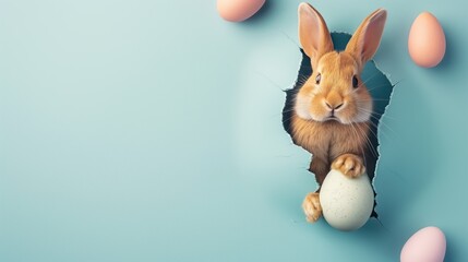 Fototapeta premium Cute Easter bunny peeking out of hole in blue paper background