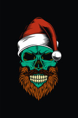 Skull with beard and mustache in Santa Claus hat. Original vector illustration in vintage style. T-shirt design.