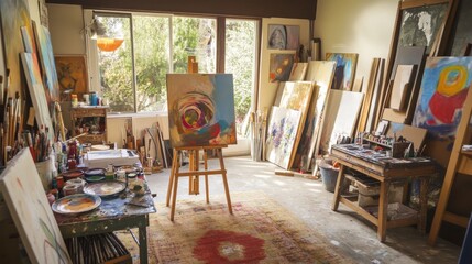 A vibrant home art studio with various supplies, Easels, canvases