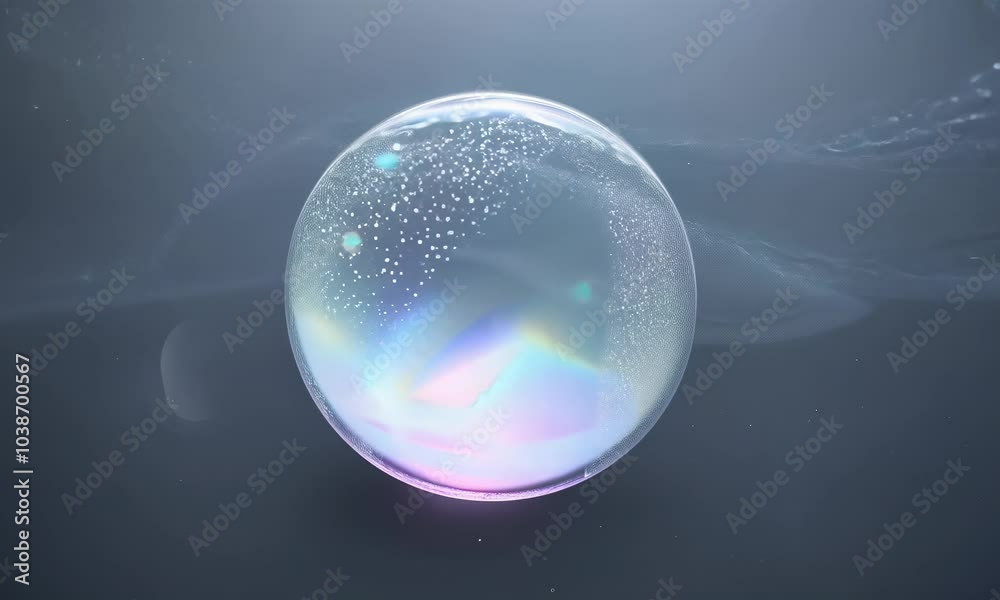 Poster Iridescent sphere in dark space with swirling particles.