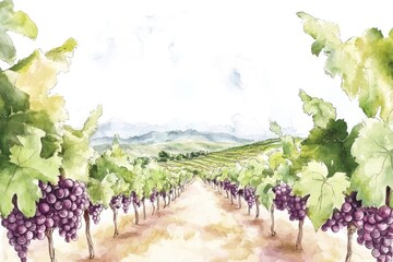 Hand-painted Vineyard Landscape. Agriculturally Rich Scenic View with Vineyard Rows and Grapes