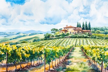 Hand-Painted Watercolor Vineyard Landscape with Tuscan Farmhouse