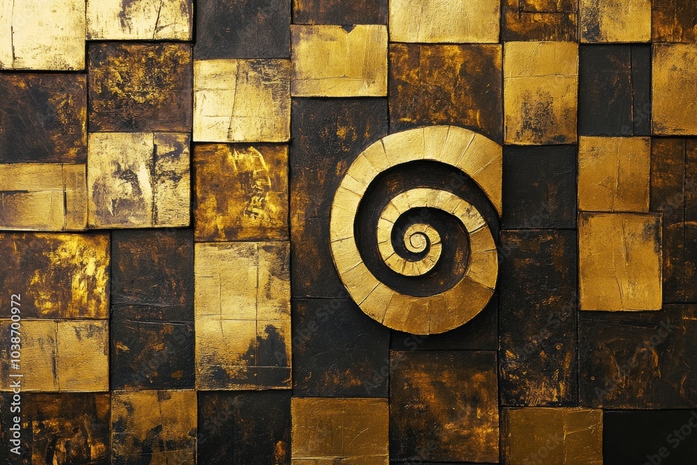 Aufkleber An intricate pattern of overlapping squares and rectangles features a prominent golden spiral design, showcasing abstract artistry. Generative AI