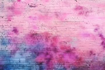 Obraz premium Purple and blue paint splashes on a pink brick wall background.