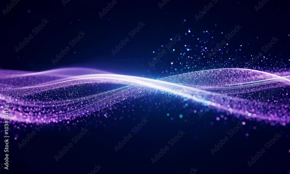 Poster dynamic purple and blue particle wave on dark background.
