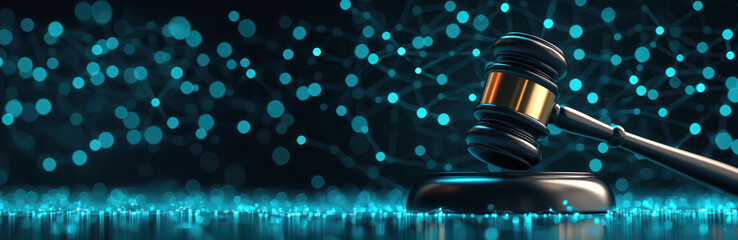 gavel is raised, symbolizing justice and authority in digital world