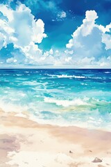 Obraz premium Tranquil Coastal Escape: Tropical Watercolor Seascape with Azure Sky and Sandy Beach