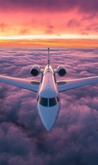 Private jet flying through pink clouds at sunset.
